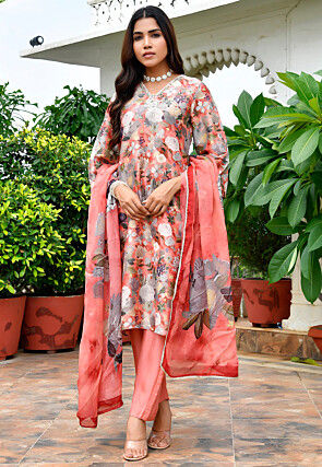 Digital Printed Tissue Pakistani Suit in Coral Red