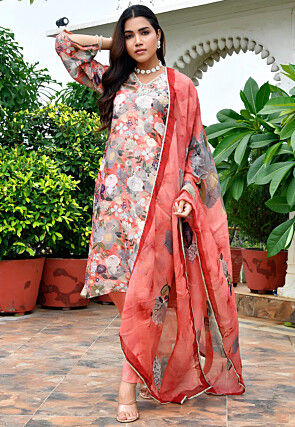 Digital Printed Tissue Pakistani Suit in Coral Red