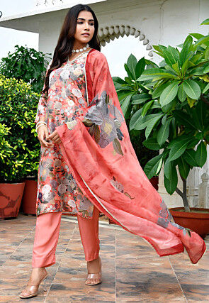 Digital Printed Tissue Pakistani Suit in Coral Red