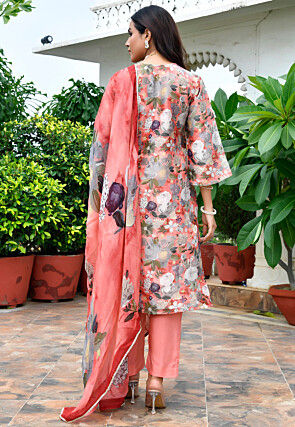 Digital Printed Tissue Pakistani Suit in Coral Red