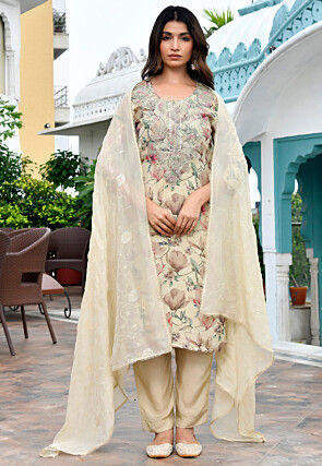 Digital Printed Tissue Pakistani Suit in Cream