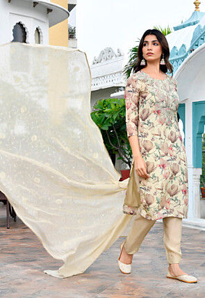 Digital Printed Tissue Pakistani Suit in Cream