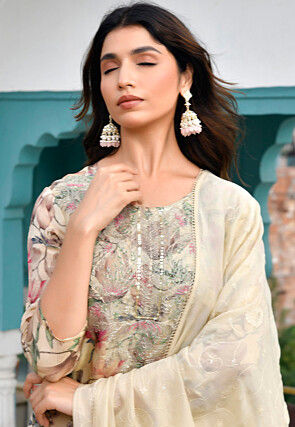 Digital Printed Tissue Pakistani Suit in Cream