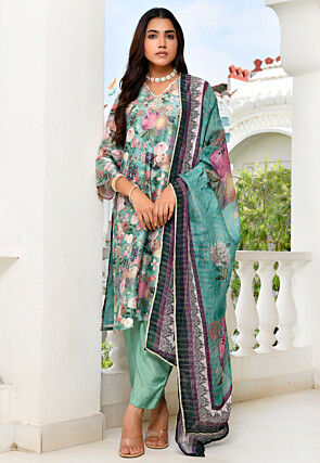 Digital Printed Tissue Pakistani Suit in Light Green