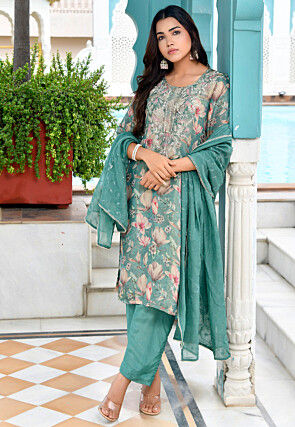 Digital Printed Tissue Pakistani Suit in Teal Green