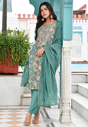 Digital Printed Tissue Pakistani Suit in Teal Green
