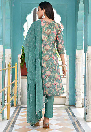 Digital Printed Tissue Pakistani Suit in Teal Green