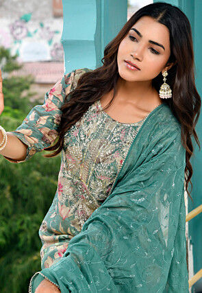 Digital Printed Tissue Pakistani Suit in Teal Green