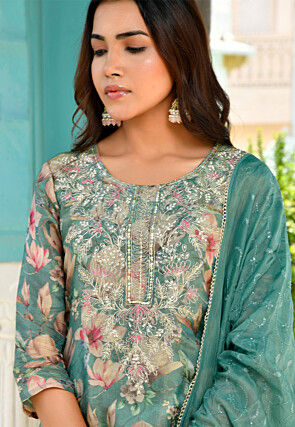 Digital Printed Tissue Pakistani Suit in Teal Green