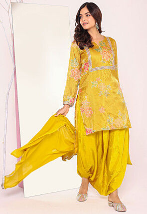Digital Printed Tissue Punjabi Suit in Yellow