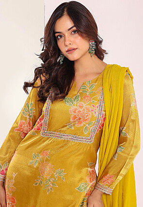 Digital Printed Tissue Punjabi Suit in Yellow