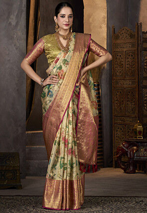 Digital Printed Tissue Saree in Light Olive Green