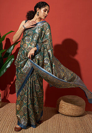 Digital Printed Tissue Saree in Teal Green