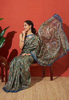 Digital Printed Tissue Saree in Teal Green