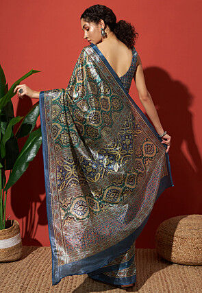 Digital Printed Tissue Saree in Teal Green