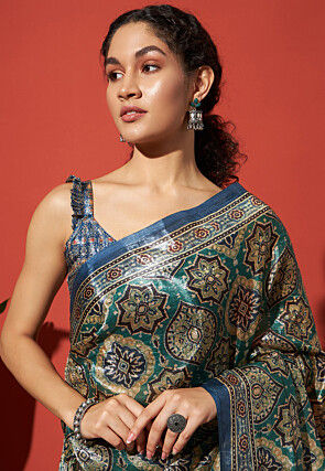 Digital Printed Tissue Saree in Teal Green