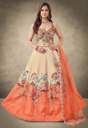 Digital Printed Tissue Silk Lehenga in Beige and Orange