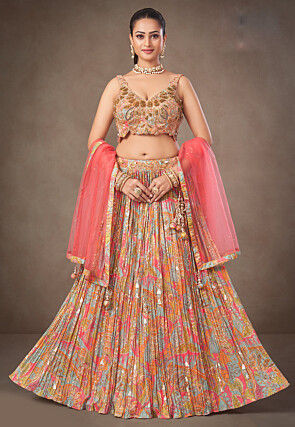 Digital Printed Tissue Silk Lehenga in Multicolor