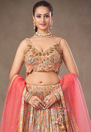 Digital Printed Tissue Silk Lehenga in Multicolor