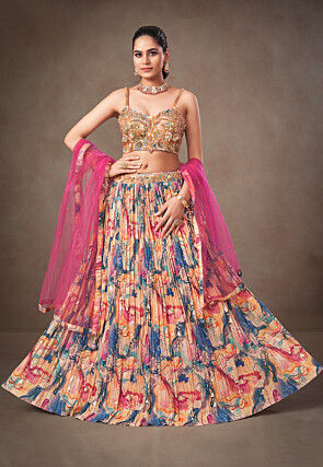 Digital Printed Tissue Silk Lehenga in Multicolor