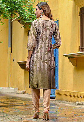 Printed Tissue Silk Pakistani Suit in Beige and Olive Green