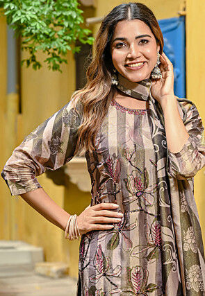 Printed Tissue Silk Pakistani Suit in Beige and Olive Green