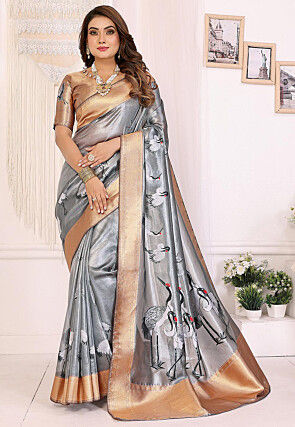 Digital Printed Tissue Silk Saree in Grey