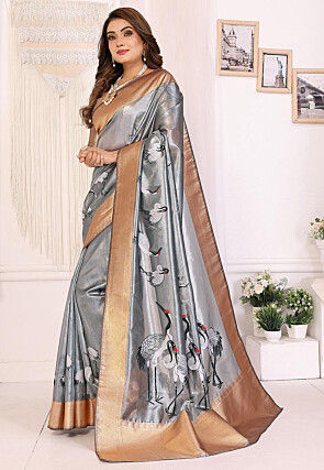 Digital Printed Tissue Silk Saree in Grey