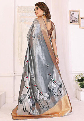 Digital Printed Tissue Silk Saree in Grey