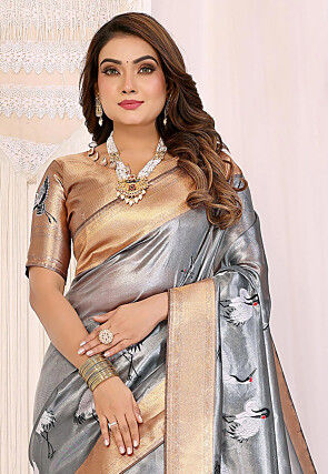 Digital Printed Tissue Silk Saree in Grey