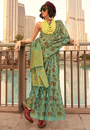 Digital Printed Tissue Silk Saree in Teal Green