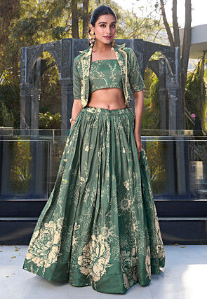 Digital Printed Tussar Silk Crop Top Set in Dark Green