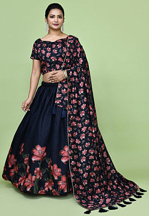 Digital Printed Tussar Silk Lehenga in Black