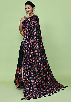 Digital Printed Tussar Silk Lehenga in Black