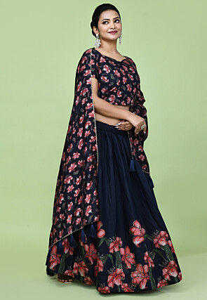 Digital Printed Tussar Silk Lehenga in Black