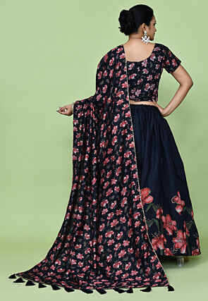 Digital Printed Tussar Silk Lehenga in Black