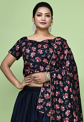 Digital Printed Tussar Silk Lehenga in Black