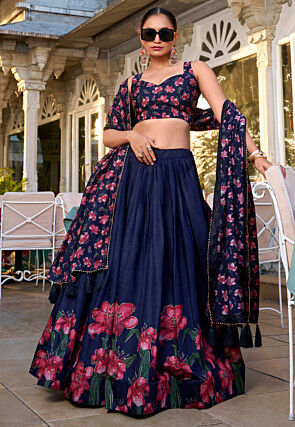 Digital Printed Tussar Silk Lehenga in Blue