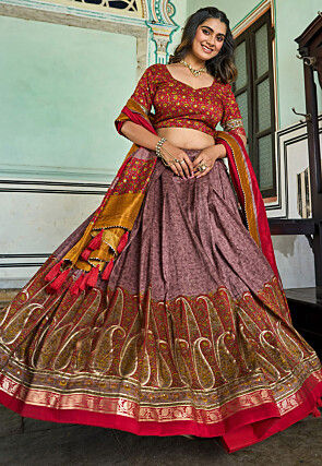 Digital Printed Tussar Silk Lehenga in Dusty Purple