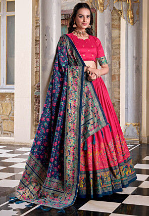Digital Printed Tussar Silk Lehenga in Fuchsia