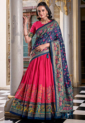 Digital Printed Tussar Silk Lehenga in Fuchsia