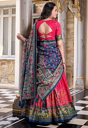 Digital Printed Tussar Silk Lehenga in Fuchsia