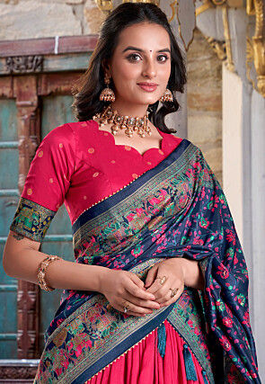 Digital Printed Tussar Silk Lehenga in Fuchsia