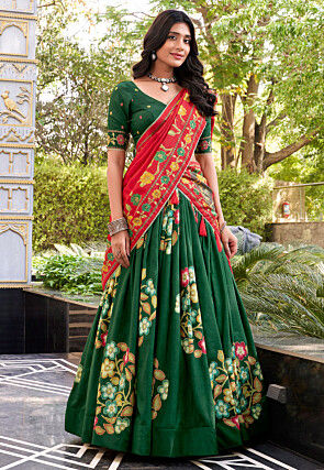 Digital Printed Tussar Silk Lehenga in Green
