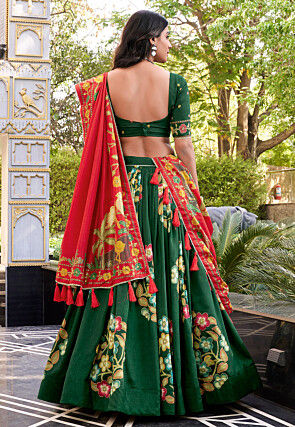 Digital Printed Tussar Silk Lehenga in Green