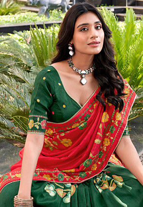 Digital Printed Tussar Silk Lehenga in Green