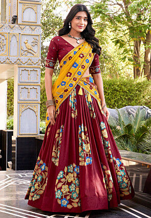 Digital Printed Tussar Silk Lehenga in Maroon