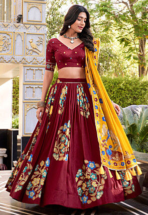 Digital Printed Tussar Silk Lehenga in Maroon