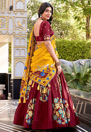 Digital Printed Tussar Silk Lehenga in Maroon