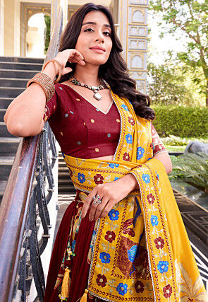 Digital Printed Tussar Silk Lehenga in Maroon